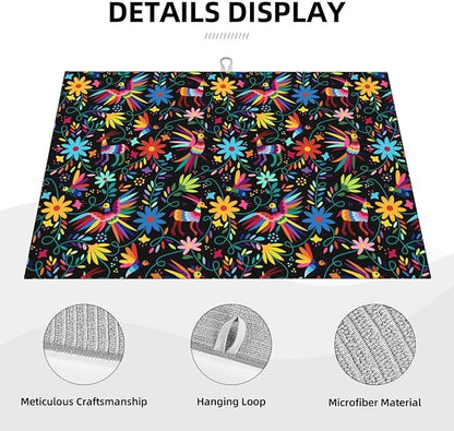 Mexican Colorful Bird and Floral Abstract Dish Drying Mats for Kitchen Counter, 18x24 inch Absorbent Decorative Microfiber Drying Pad, Anti-Slip & Absorption for Sink Small Appliances, Home Decor