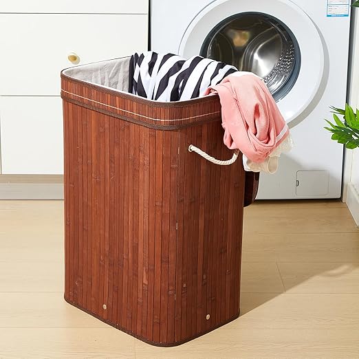 2 Pack 21 Gallon Bamboo Slim Trash Can with Lid Large Foldable Slim Rectangular Garbage Can Bamboo Waste Basket for Bathroom Bedroom Office Home Salon Spa (Coffee)