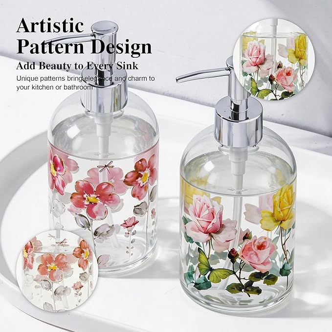 17oz Glass Soap Dispenser with Plastic Pump, 2 Pack Refillable Kitchen Soap Dispenser for Dish Soap, Soap Dispenser Bathroom for Hand Soap, Lotion, Body Wash(Flower)