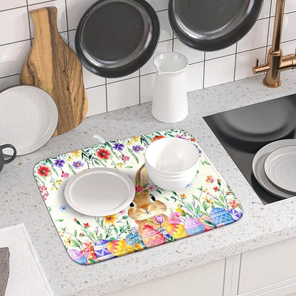Giwawa Easter Rabbit Dish Drying Mat Spring Flower Dish Drainer Rack Mats 16x18 inch Absorbent Microfiber Fast Dry Pad Kitchen Counter Accessories