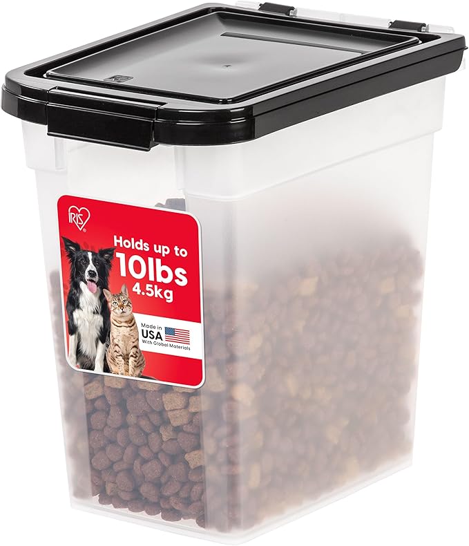 IRIS USA Airtight Dog Food Storage Container, WeatherPro, Up to 10 lbs, for Dog Cat Bird and Other Pet Food Storage Bin, Keep Fresh, Translucent Body, Made in USA, Clear/Black by IRISUSA