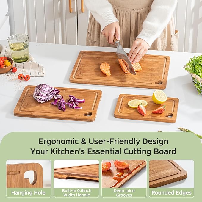 Bamboo Cutting Boards for Kitchen(Set of 3), Wood Cutting Board with Wood Storage Stand, Charcuterie & Chopping Board for Vegetables and Meat, with Deep Juice Groove, Ideal Kitchen Gifts - Image 5
