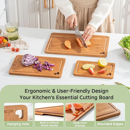 Bamboo Cutting Boards for Kitchen(Set of 3), Wood Cutting Board with Wood Storage Stand, Charcuterie & Chopping Board for Vegetables and Meat, with Deep Juice Groove, Ideal Kitchen Gifts - Image 5