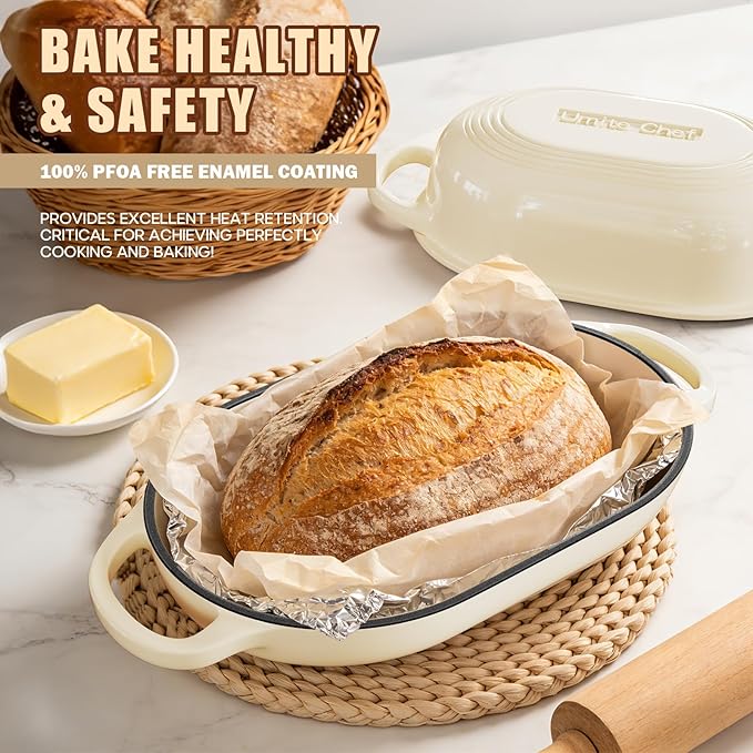 Enameled Cast Iron Dutch Oven for Bread Baking - incl. Sourdough Bread-Baking Supplies like Banneton Bread-Proofing Basket - 5QT Loaf Cast Iron Bread Oven Pan& Meatloaf Pan with Lid, Sour Sough Tools, Lame (Cream White） - Image 5
