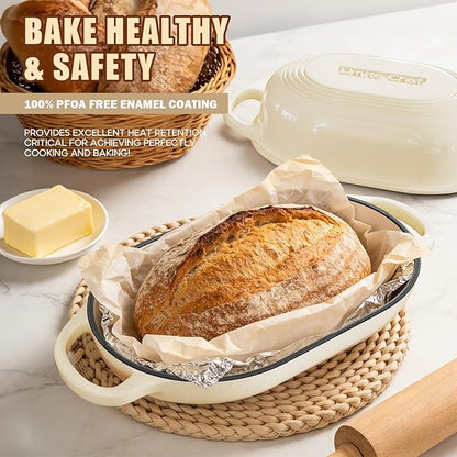 Enameled Cast Iron Dutch Oven for Bread Baking - incl. Sourdough Bread-Baking Supplies like Banneton Bread-Proofing Basket - 5QT Loaf Cast Iron Bread Oven Pan& Meatloaf Pan with Lid, Sour Sough Tools, Lame (Cream White） - Image 5