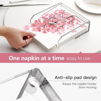 DINGHUO Acrylic Napkin Holder for Table, 7"x7" Clear Luncheon Napkin Holder with Weighted Arm, Flat Kitchen Paper Hand Napkin Dispenser, Suitable for Outdoor & Indoor