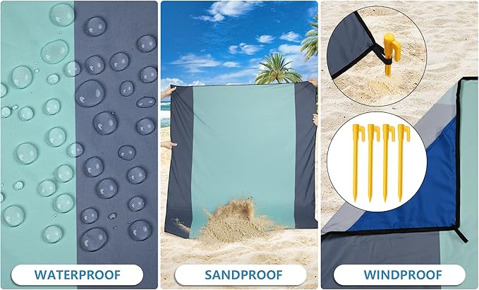 WIWIGO Beach Blanket Waterproof Sandproof Beach Mat 79" X 83"/10'x9'for 2-8 Adults Quick Drying Outdoor Picnic Mat Beach Accessories for Travel, Camping, Hiking - Image 2