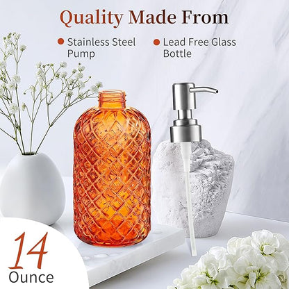 14 Oz Refillable Glass Soap Dispenser with Rust Proof Stainless Steel Pump, for Dispense Hand soap, Body wash, Lotion (Orange)