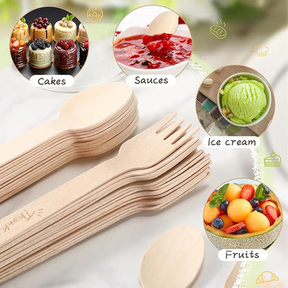 LemonRoad 200 Pcs Thank You Disposable Wooden Cutlery Set Bamboo Utensils 100 Forks, 100 Spoons Employee Appreciation Party Favors for Administrative Professionals Volunteer Party Supplies