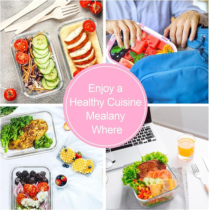VERONES 10Pack Glass Meal Prep Containers, Airtight Glass Lunch Containers,Stackable Food Storage Containers Set with Lids,Exclusive of BPA, for Microwave,Oven, Freezer&Dishwasher Friendly,Pink - Image 6