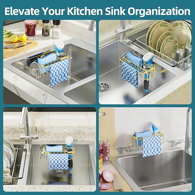 TAILI 4-in-1 Sink Caddy with Strong Suction Cup, Sponge Holder for Kitchen Sink Organizer, Removable, Rustproof, Stainless Steel Holder for Sponge, Brush, Scrubber, Scraper - Gold - Image 7