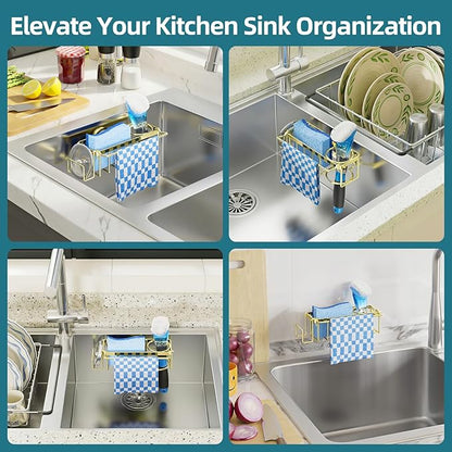 TAILI 4-in-1 Sink Caddy with Strong Suction Cup, Sponge Holder for Kitchen Sink Organizer, Removable, Rustproof, Stainless Steel Holder for Sponge, Brush, Scrubber, Scraper - Gold - Image 7