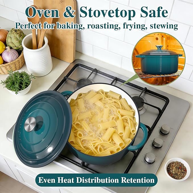 Umite Chef 7QT Enameled Cast Iron Dutch Oven with Lid & Cotton Potholders–Heavy-Duty Cookware for Bread Baking, Braising, Stews, Marinate, Cook(Emerald) - Image 3