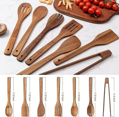 Eisinly Wooden Spoons for Cooking 7-Piece, Kitchen Nonstick Wood Cooking Utensils Set, Durability Wooden Spatula Spoon for Everyday Use, Brown - Image 2