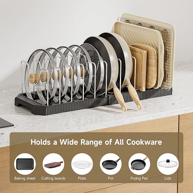 MUDEELA Pot Lid Organizer Rack for Cabinet, Expandable Pots and Pans Organizer under Cabinet with 12 Adjustable Dividers, Pan Organizers Holder inside Cabinet for Cutting Boards, Baking Sheets, Black - Image 3