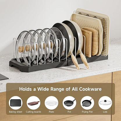 MUDEELA Pot Lid Organizer Rack for Cabinet, Expandable Pots and Pans Organizer under Cabinet with 12 Adjustable Dividers, Pan Organizers Holder inside Cabinet for Cutting Boards, Baking Sheets, Black - Image 3