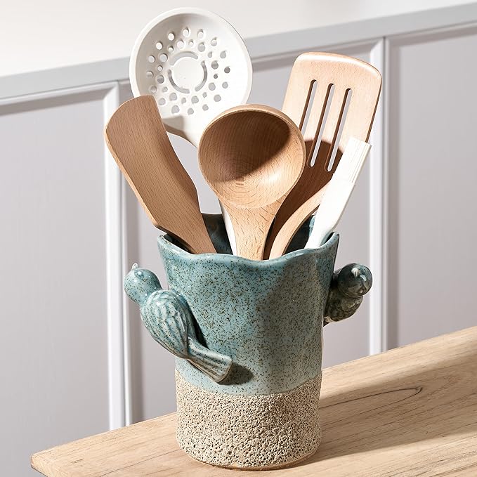 6.38“H Utensil Holder for Kitchen Counter, Modern Farmhouse Cooking Utensil Holder and Crock Home Kitchen Decor, Ceramic Utensil Organizer for Spatula, Ladle, Eggbeater, Rolling Pin- Blue and Brown by Jemirry