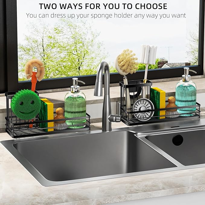 Galasily Sink Caddy Organizer with Water Absorbing Stone Tray, Instant Dry Sponge Holder Smiley Face, Dish Brush Holder for Countertop, Kitchen Storage Accessories and Organization Essentials (Black) - Image 5