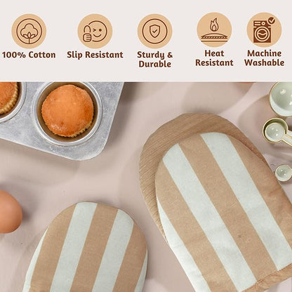 Folkulture Oven Mitts - Set of 2 (5.75"x9") | Oven Mitts with Hanging Loop for Cooking Gifts for Women, Kitchen Decor| 100% Cotton, Silicone Heat Resistant Mini Mitts - House Warming Gifts (Latte)