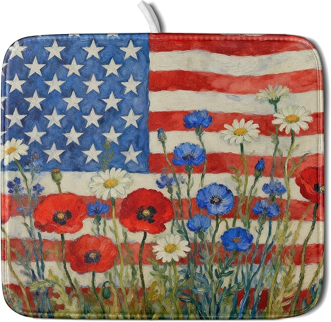 Patriotic American Flag Dish Drying Mat for Kitchen Counter 16x18 4th of July Red Blue White Floral Rustic Absorbent Reversible Microfiber Drying Mats Kitchen Countertop Protector Dishes Drainer Pad by Aytipun