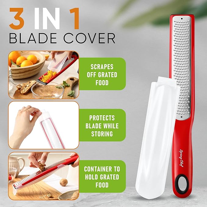 Spring Chef Premium Red Lemon Zester Grater with Handle - Fruit, Garlic, Citrus, Nutmeg, Orange Zester Tool - Heavy Duty Kitchen Shredder - Stainless Steel Ginger Grater with Blade Cover - Fine Shred - Image 4