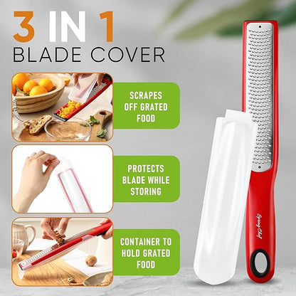 Spring Chef Premium Red Lemon Zester Grater with Handle - Fruit, Garlic, Citrus, Nutmeg, Orange Zester Tool - Heavy Duty Kitchen Shredder - Stainless Steel Ginger Grater with Blade Cover - Fine Shred - Image 4