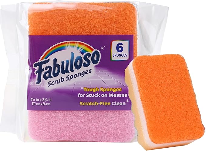 Fabuloso Scratch-Free Kitchen Dish Sponges, Rainbow Cellulose Scrubber Sponge with Scouring Pad for Dishes, Pots, Pans, Counters and Sinks, Tough on Messes, 4.25 x 2.75 x 1.25 in, 6 Count by Fabuloso