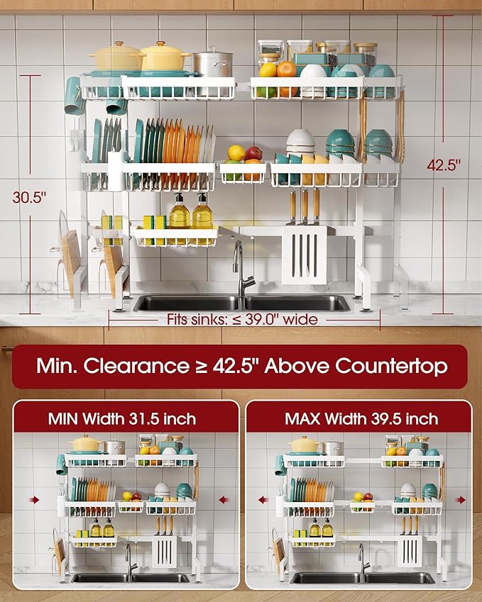 Sakugi Over The Sink Dish Drying Rack - Adjustable 3 Tier XX-Large Capacity Stainless Steel Drainer with Cutlery & Utensil Holders, Kitchen Storage & Organization, 31.5"-39.5"L x 12"W x 30.5"H, White - Image 3