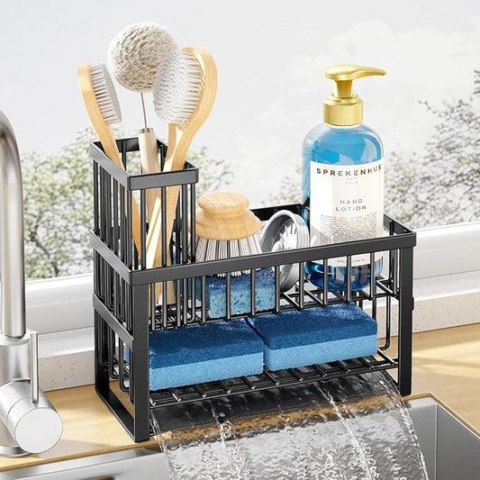 Kitsure Sponge Holder for Kitchen Sink - Rustproof Stainless Steel Sink Caddy Organization and Storage Essentials with High Brush Holder, Home Decor Accessories, 9.3" x 4.1" x 8.5", Black by Kitsure