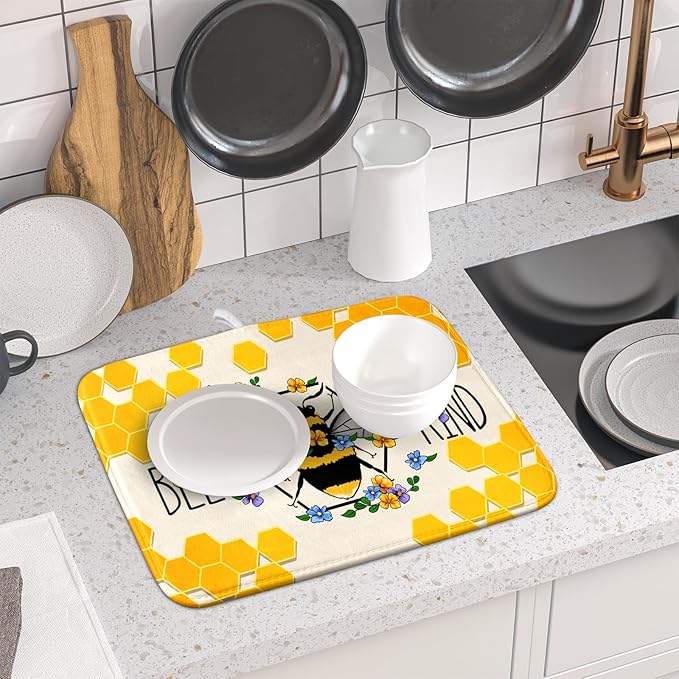 Giwawa Bee Kind Dish Drying Mat, Summer Bees Flowers Dish Drainer Mats for Kitchen Countertop, Yellow Honeycomb Absorbent Reversible Dish Drying Pad Decoration, 16x18inches, Small Size