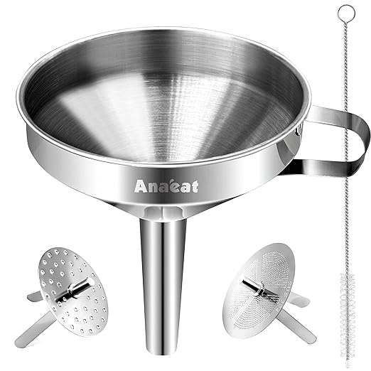 Anaeat Stainless Steel Kitchen Funnel, Multi-Use Premium Metal Food Grade Cooking Funnels with 2 Removable Strainer Filter for Transferring Liquid or Dry ingredients, Oils & 1 Pc Cleaning Brush (4.1") by Anaeat