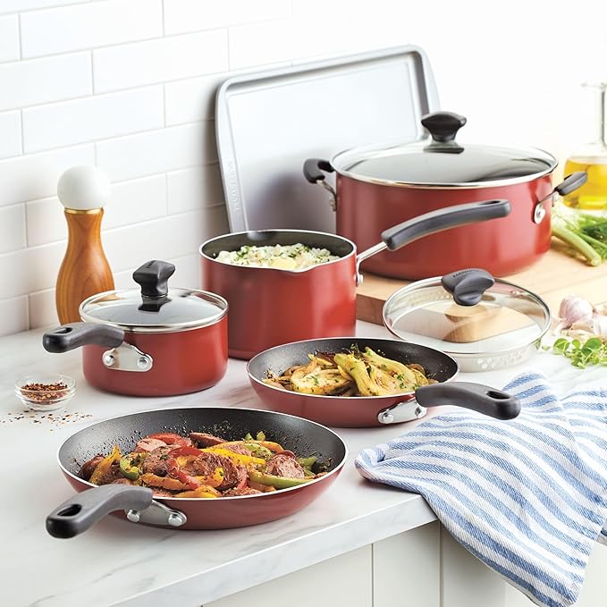 Farberware Cookstart DiamondMax Nonstick Cookware/Pots and Pans Set, Dishwasher Safe, Includes Baking Pan and Cooking Tools, 15 Piece - Red - Image 10
