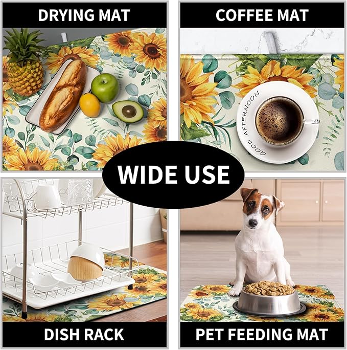 Sunflowers Dish Drying Mat for Kitchen Counter Yellow Flower Green Leaves Dish Draining Mats Spring Summer Floral Dishes Pad Microfiber Absorbent Dish Drainer Rack Mat 16x18 Inch - Image 7