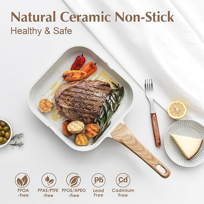 SENSARTE Nonstick Ceramic Grill Pan for Stove Tops, Versatile Square Grilling Pan with Pour Spouts, Durable Grill Skillet for All Stoves(Gas,Electric,Induction) Non Toxic-PTFE,PFAS,PFOA Free, 9.5Inch - Image 2