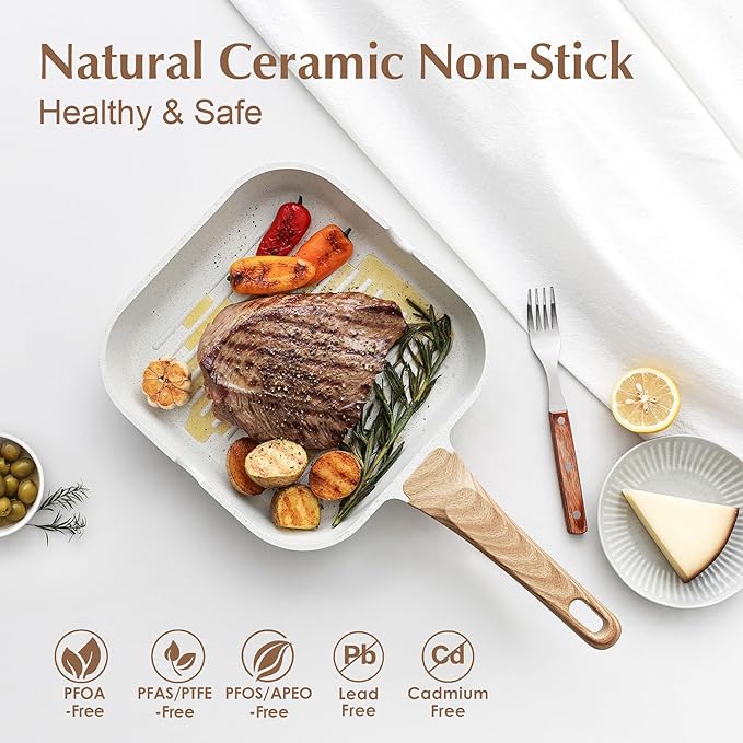 SENSARTE Nonstick Ceramic Grill Pan for Stove Tops, Versatile Square Grilling Pan with Pour Spouts, Durable Grill Skillet for All Stoves, Steak Bacon Pan, Non Toxic-PTFE,PFAS,PFOA Free, 11 Inch - Image 2