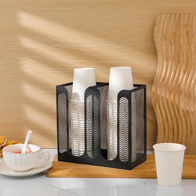 Maxcheck Metal Mesh Cup and Lid Holder Coffee Paper Cup Dispenser Lid Holder Storage Organizer Countertop or Wall Mount for Coffee Bar, Kitchen, Breakroom(2 Compartments, 8.2 x 4.1 x 7.9 Inch)