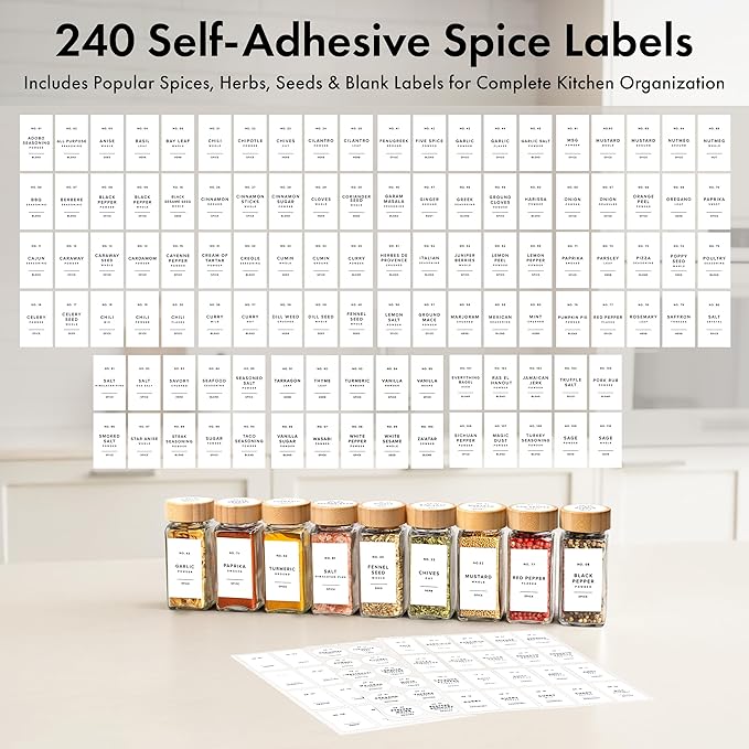 EDELHAUS® Square Spice Jars with Bamboo Wooden Lid (Pack of 24) Spice Jars with Shaker Insert and 240 Labels - Bamboo Lid Glass Container for Spice Organisation [4.3 in × 1.8 in] - Image 7