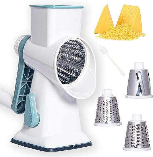 White Rotary Cheese Grater with Suction Base, Hand Crank Cheese Grater for Hard Cheese, Vegetables，Nuts, 3 Stainless Steel Drum Blades, Easy Clean Kitchen Gadget by Unknown