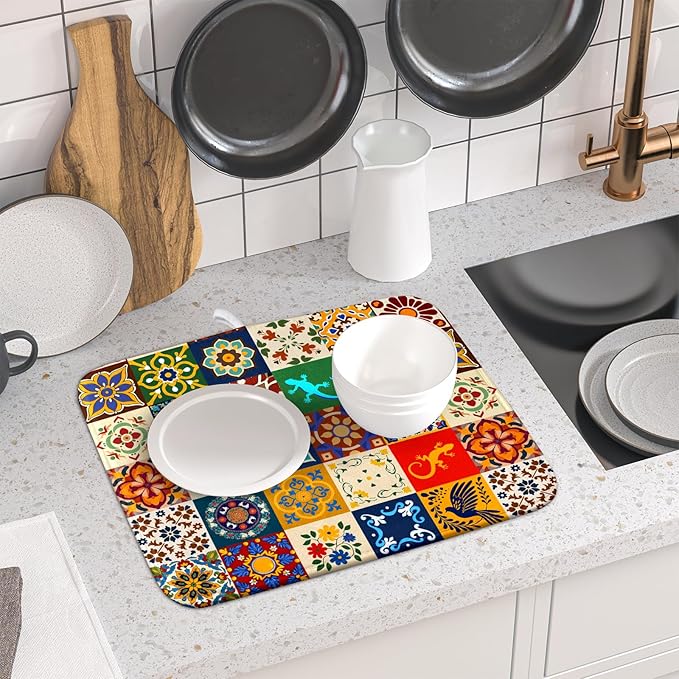 Giwawa Mexican Tile Dish Drying Mat 16"x18" Talavera Boho Floral Print Dish Drainer Mats Rustic Ethnic Traditional Reversible Small Dish Drying Pad Protector for Kitchen Countertop Decor