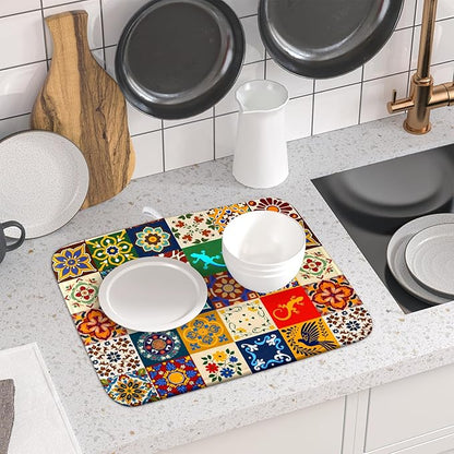 Giwawa Mexican Tile Dish Drying Mat 16"x18" Talavera Boho Floral Print Dish Drainer Mats Rustic Ethnic Traditional Reversible Small Dish Drying Pad Protector for Kitchen Countertop Decor