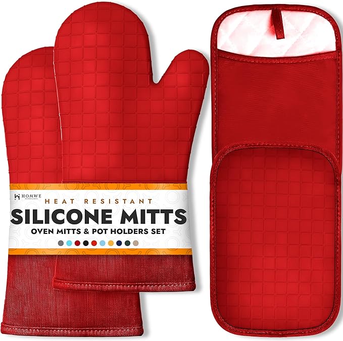 HOMWE Silicone Oven Mitts and Pot Holders for Kitchen & Baking - Set of 4 Heat-Resistant, Heavy-Duty Cooking Mittens w/Non-Slip, Textured Grip by HOMWE