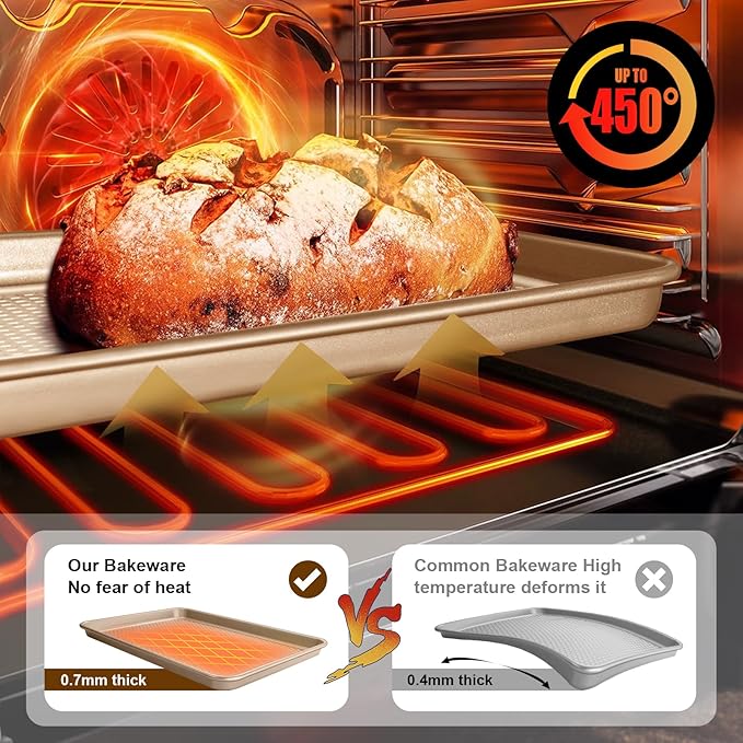 Wildone Baking Sheet Pan Set, Honeycomb Embossed Nonstick Baking Sheet 15x10 In, Thicker Carbon Steel Cookie Sheet, Even Heating Jelly Roll Pan, Champagne Gold, 2 Pack - Image 5