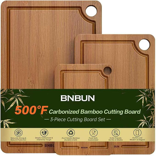 Bamboo Cutting Board for Kitchen – 3-Piece Wooden Boards with Juice Grooves, Side Handles, Non-Slip Mats – Perfect for Meat, Veggies, Fruit – Ideal Kitchen Gift by BTHW