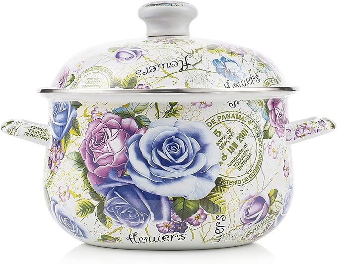 Retro Flower Enamel Stockpot with Lid,Stockpots for Cooking,Retro Classic Design(5L-Blue Rose) by OLYTARU