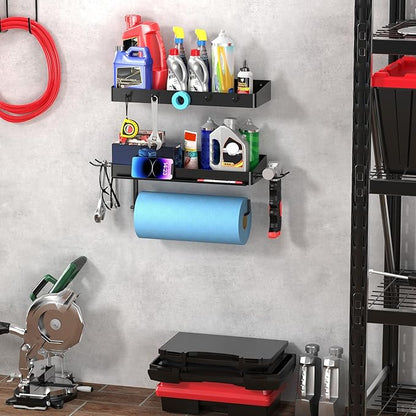 ZUNTO Pack of 2 Black Paper Towel Holder and Organizer Shelf for Garage, Wall Mounted Paper Roll Holder with Shelf and Hooks, Drilling Garage Organization and Storage - Image 5