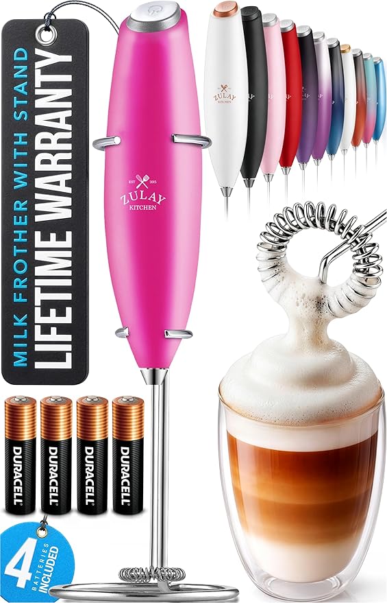 Zulay Kitchen Powerful Milk Frother Wand With 4 AA Duracell Batteries - Ultra Fast Handheld Drink Mixer - Electric Whisk Foam Maker for Coffee, Lattes, Cappuccino, Matcha & Creamer - Dragonfruit by ZulayKitchen