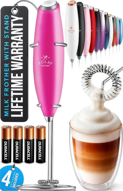 Zulay Kitchen Powerful Milk Frother Wand With 4 AA Duracell Batteries - Ultra Fast Handheld Drink Mixer - Electric Whisk Foam Maker for Coffee, Lattes, Cappuccino, Matcha & Creamer - Dragonfruit by ZulayKitchen