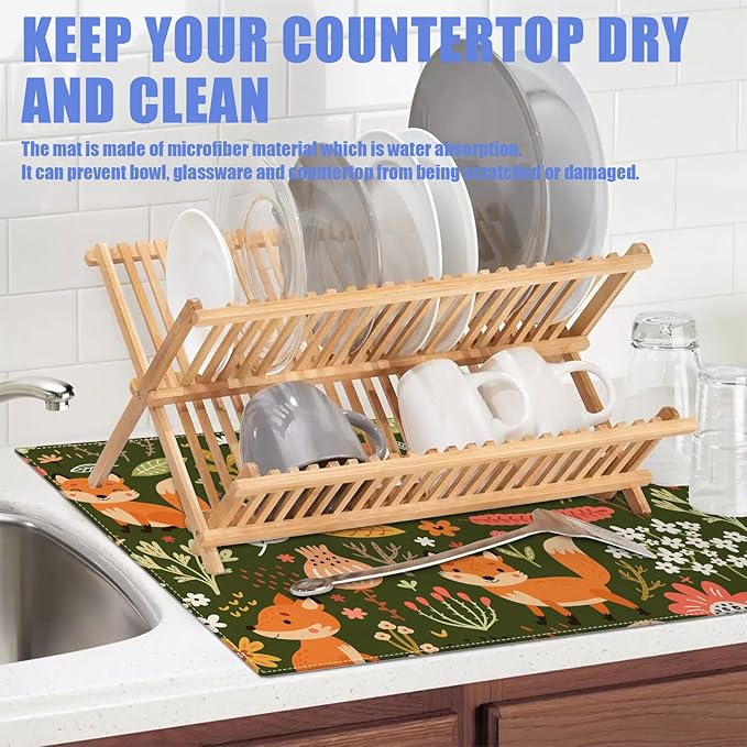 Cute Fox Dish Drying Mat for Kitchen Counter Animals Drying Pad Absorbent Reversible Dish Drainer Rack Mats Draining Pad 18"x24"Inch