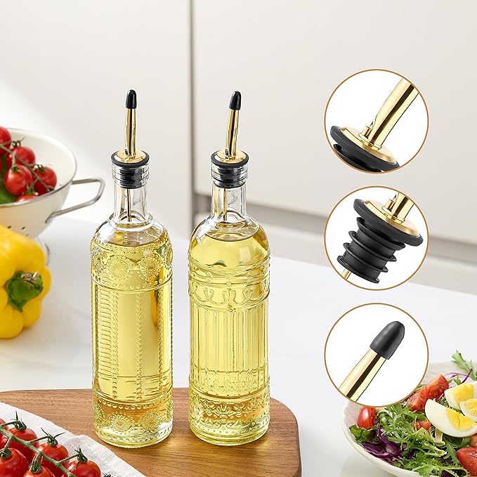 4 Pcs Olive Oil Dispenser Bottle for Kitchen,17oz Clear Glass Oil and Vinegar Dispenser Bottle Set, Classic Coffee Syrup Dispenser with 4 Stainless Steel Spouts and 1 Funnel (Round) - Image 3