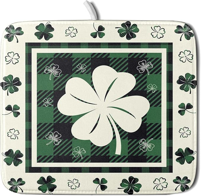 Giwawa Patrick Clovers Dish Drying Mat 16"x18" Lucky Shamrock Spring Leaf Dish Drainer Mats Green Black Buffalo Plaids Absorbent Microfiber Dish Drying Pad for Kitchen Countertop Small Decor